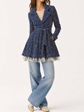 Anthropologie RYU jacket navy with polka 0936 dots anthro ruffle tulle medium